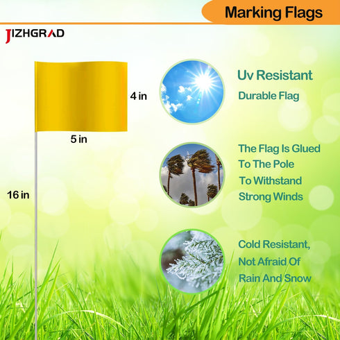 Yellow Marker Flags, 100 Pack Construction Marking Flags | 4x5x16 Inch, Yard Flags Marker, Lawn Flags, Invisible Fence, Survey Flags, Landscape Flags, Sprinkler Flags, Surveyor Flags, Stake Flags,