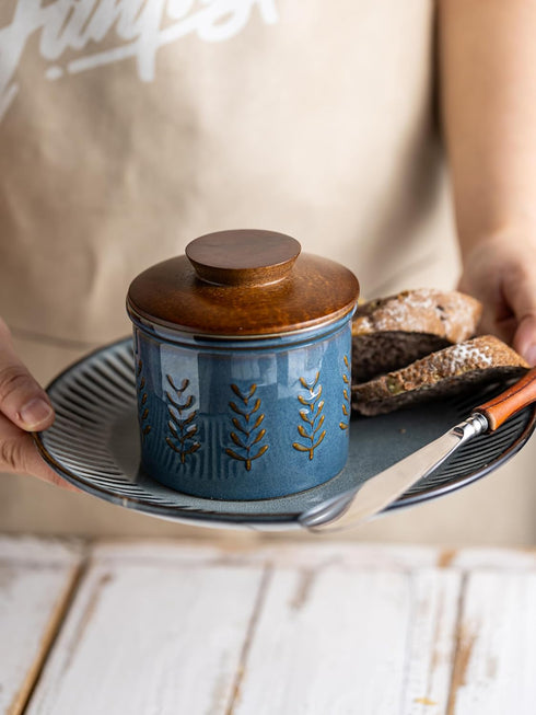 Countertop, Ceramic Butter Dish with Lid, Butter Crock for French Butter Keeper, Elegant Embossed Pattern, Blue