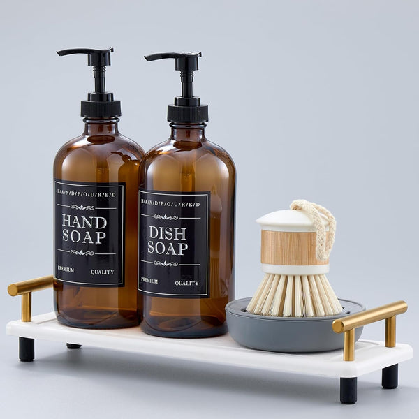 Soap Dispenser Set 16oz Refillable Amber Glass Bottles with Brush Holder, Dish