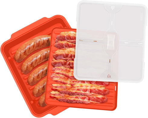 Double Microwave Bacon Cooker/Tray with Splatter Lid, Safe and Easy Clean Kitchen Tool (Red)