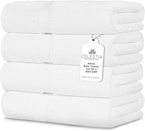 600 GSM 100% Cotton Bath Towels, White, Set of 4, Highly Absorbent,