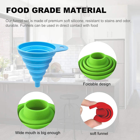 Kitchen Funnel Set of 3, Large Medium Small, Food Grade Silicone Collapsible Funnels for Kitchen Use
