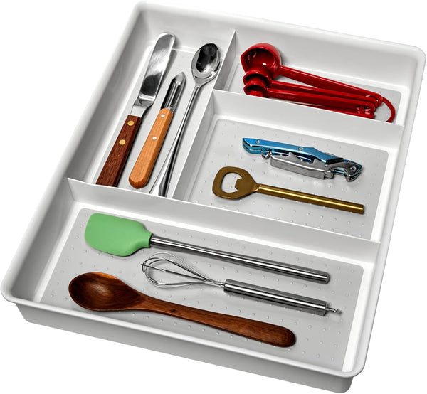 Madesmart Classic 4-Compartment Drawer Organizer, Plastic Multipurpose Storage Bin for Drawers, White Gadget Tray.