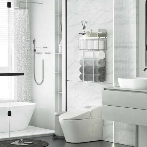 Towel Racks for Bathroom, Floating Shelves with Towel Rack and Paper Holder, Over Toilet Storage, Silver