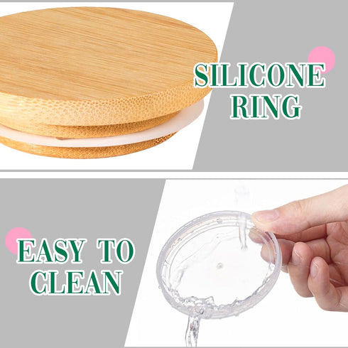 12 5, 8, 10 Oz Mumufy Pcs Yogurt Jar Lids Clear Plastic Silicone and Bamboo Wood Container Lids with Sealing Rings