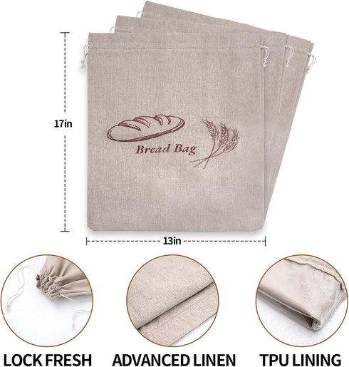 KYWJP 3 Pack Bread Bags for Homemade with Inner Lining, Linen Sourdough Reusable Bread Bags for Homemade Bread