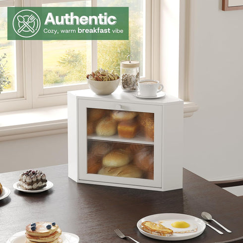 kiplant Countertop 2-Layer Corner Bread Box for Kitchen - Bamboo Wood, Wavy Acrylic Door, White Adjustable Bread