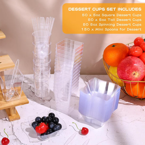 300 Packs 5oz 3 tchrules Dessert Cups with Spoons, Styles Mini Plastic Appetizer Cups, Clear Parfait Cup for Party