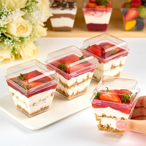 50 Pack 7 oz Qeirudu Dessert Cups with PET Lids and Spoons, Mini Plastic Yogurt Parfait Cups Square Party Serving Cup