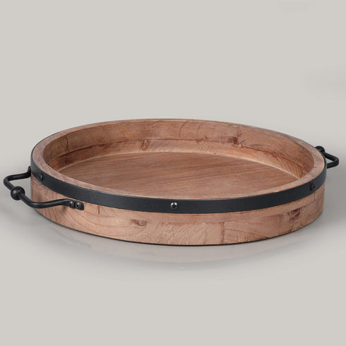 Round Coffee Table Tray - 13.2'' Farmhouse Wood Serving Tray with Metal