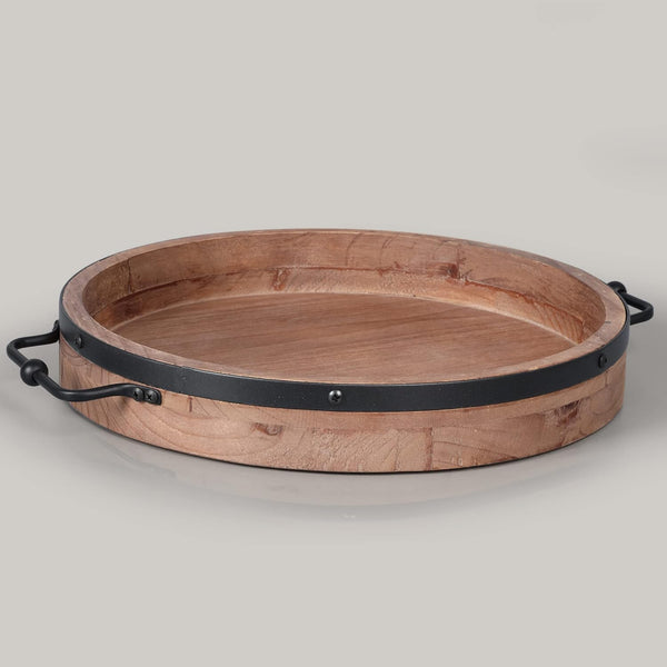 Round Coffee Table Tray - 13.2'' Farmhouse Wood Serving Tray with Metal