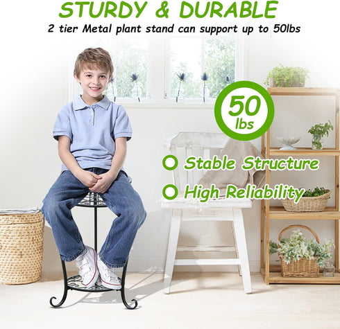 2 Potted Plant Stand Tier Metal Flower Pot Stand Anti-Rust Heavy Duty Plant Holder Shelf for Home Indoor Outdoor