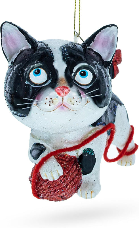 Playful Cat Blown Glass Christmas Ornament Entangled with Yarn Ball