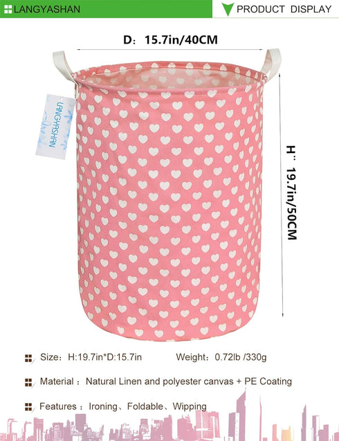 LANGYASHAN Laundry Basket, Canvas Fabric Collapsible Organizer for Storage, Toy Bins, Gift Baskets (Pink Heart)