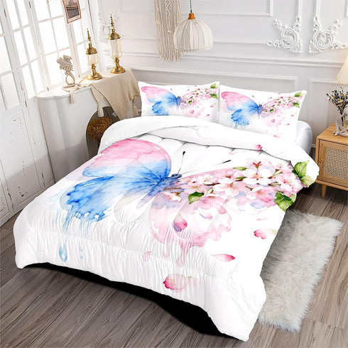 Set 3 Set 2 CCoutueChen Butterfly Comforter Queen Pieces Blue Pink Butterfly Bedding for Kids Teens Butterflies Cherry