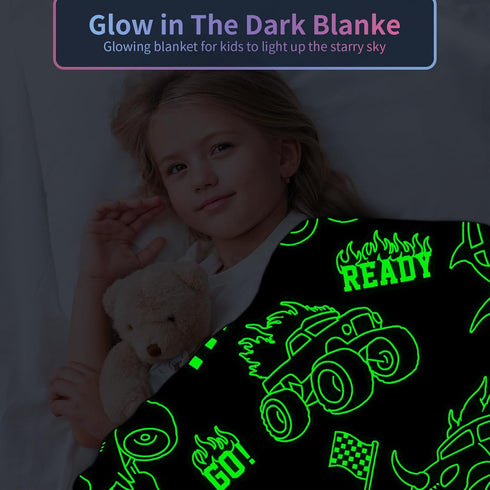 COMFAR 3-12, 40"x 50" Glow in The Dark Monster Truck Blanket for Boys/Girls/Kids/Toddler/Baby, Monster Truck Toys