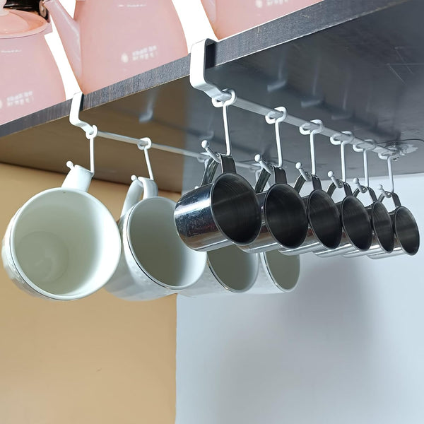 Adjustable Under Cabinet Coffee Mug Holder, Space-Saving Kitchen Organizer, 2 Sets with 12 Mobile Hooks, White
