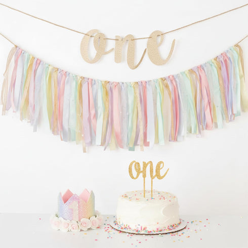1st Set PapaKit Girls Birthday High Chair Premium Decoration - Pastel Rainbow Ribbon Garland, Crown, One Banner & Cake