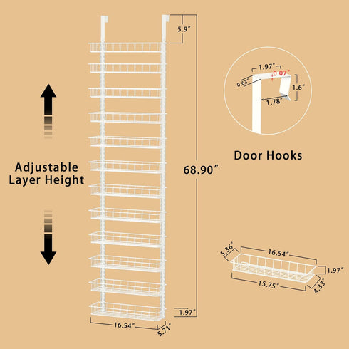 12 12 Churboro Over the Door Pantry Organizer Rack with Adjustable Baskets, Tiers Dual-use Spice Rack- Hanging or Wall