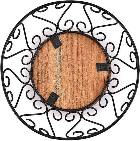 Iron Fruit Bowl with Wooden Base for Kitchen Countertop and Dining Room, 9" x 9" x 4"