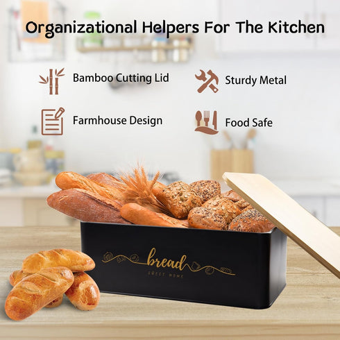 Counter, Countertop Bread Box with Bamboo Cutting Board Lid, Metal Bread Box for Kitchen Small Bread Storage Container