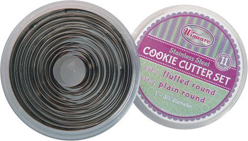 Winco 11 Piece Stainless Steel Cookie Cutter Set, Plain Round, 1" to 3" Diameter x 1"H