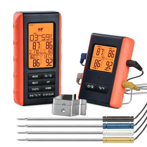 Wireless Meat Thermometer for Grilling and Smoking, BBQ Food Thermometer with 4 Meat Probes, Kitchen Timer