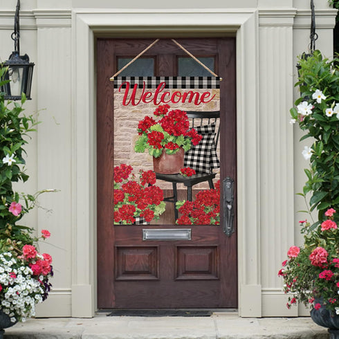 Welcome Spring Geranium Red Flower Decorative House Flag, Black White Buffalo Plaid Floral Pot Chair Garden Decor 28x40