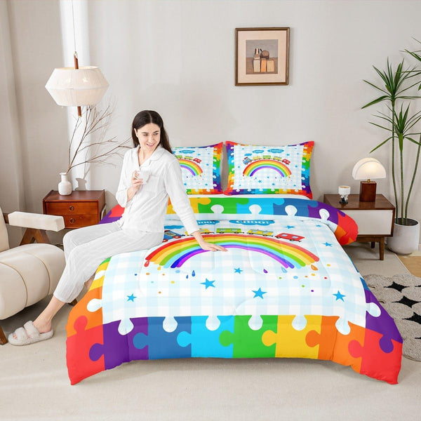 Homewish Cartoon Trains Kids Comforter Set Twin Size,Cute Choochoo Vehicles Bedding Set,Boys
