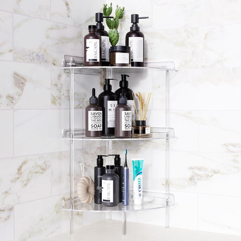 3 Bakzon Corner Shower Caddy, Tier Acrylic Shower Organizer Corner for Inside Shower, Rustproof Floor Standing Shower