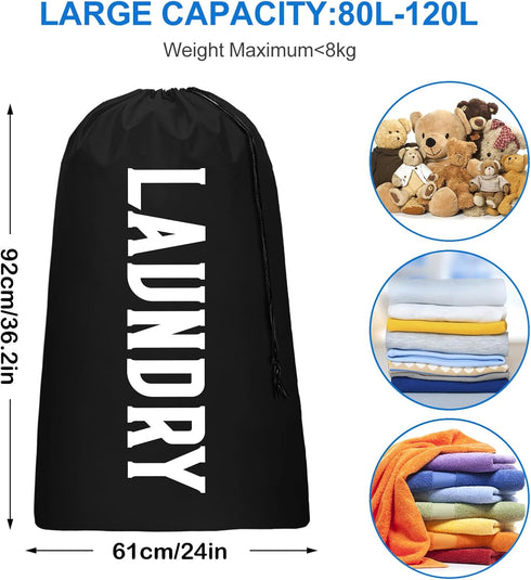 2 Pack XL Travel Laundry Bag, Machine Washable Organizer for 4 Loads of Laundry, Blue + Black, 24" x 36"