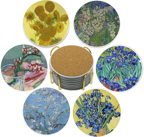 Van Gogh Drink Coasters with Holder - 6 Set Ceramic Coaster for