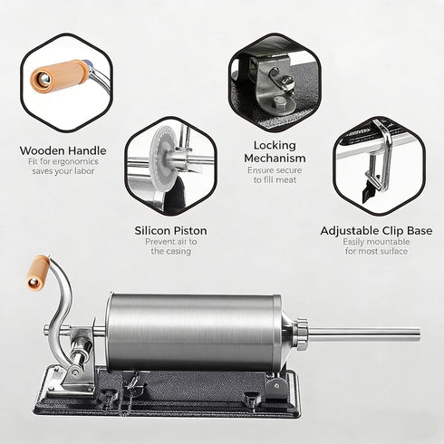 MZTOGR 2.5LBS 8 Sausage Stuffer, Stainless Steel Horizontal Sausage Maker, Homemade Manual Meat Filling Kitchen Machine