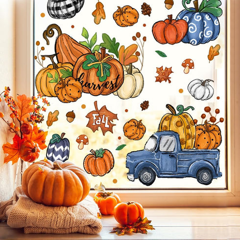 6 Sheets Fall Window Clings, Double-Sided Window Stickers with Orange Maple Leaves Pumpkins for Thanksgiving Home