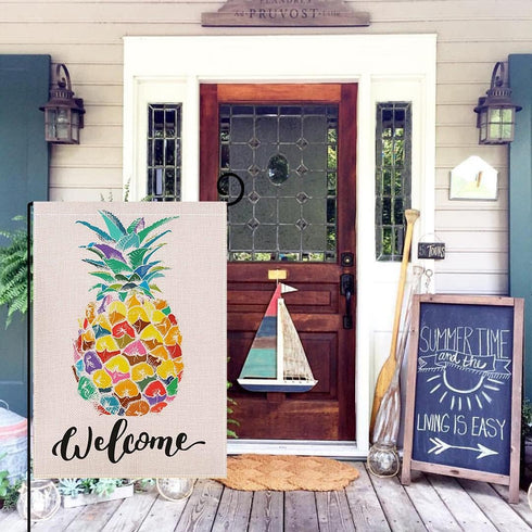 Welcome Pineapple Garden Flag, 12.5 x 18 Inch, Double Sided Burlap Flag for Seasonal Farmhouse Decoration