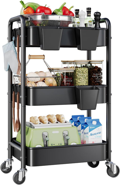 Aofure 3 Tier Rolling Cart on Wheels, Metal Utility Storage Cart with Wheels,
