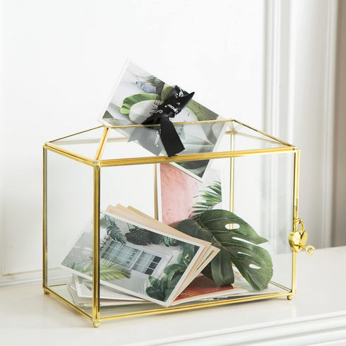 Glass Wedding Card Box with Slot, Large Clear 10.2 inch Gold Brass Gift Card Storage Box with Lock for Wedding