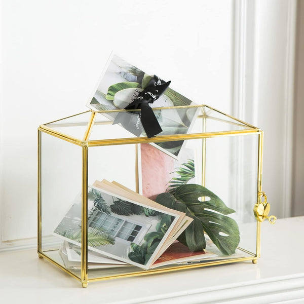 Glass Wedding Card Box with Slot, Large Clear 10.2 inch Gold Brass Gift Card Storage Box with Lock for Wedding