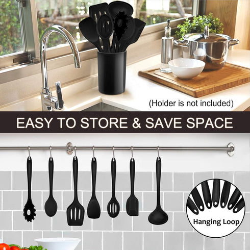 Kitchen Cooking Utensils Set of 7, P&P CHEF Heat-proof Spatula for Nonstick Cookware, Black