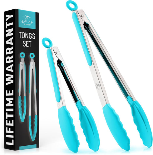 Zulay Stainless Steel Kitchen Tongs with Silicone Tips, Set of 2 (9” & 12”), Locking Cooking Tongs, Silver/Aqua Sky