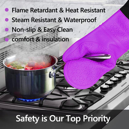 Silicone Oven Mitts and Pot Holders Set - MTZRFLL Extra Long Heat Resistant Gloves with Hot Pads and Mini Oven Mitts