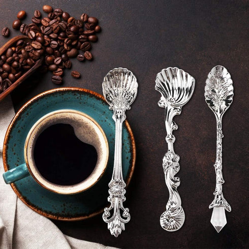 Fdit Vintage Style Coffee Spoons Set, 3 Pcs Royal Style Metal Carved Teaspoons for Kitchen and Tea Parties