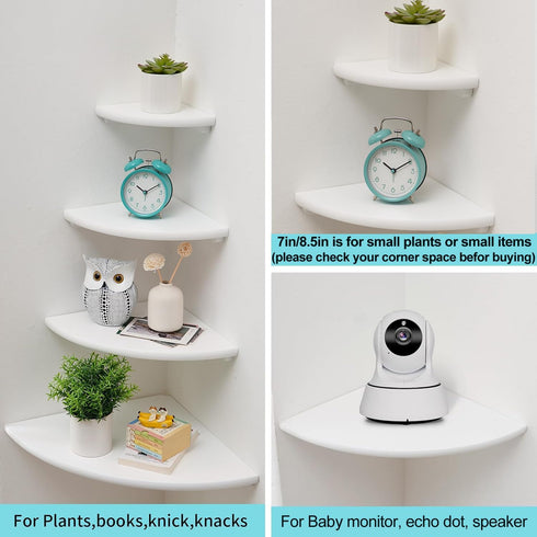7in) Corner Shelf, White Solid Oak Wood Floating Corner Shelves Wall Mount Round End Floating Speaker Rack Display