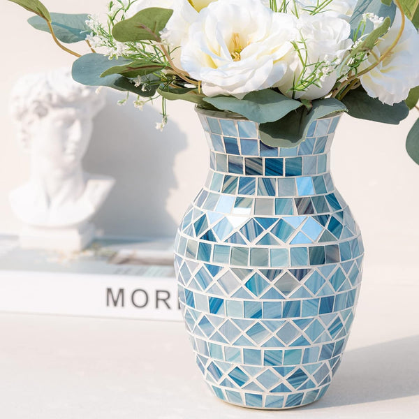 Blue Vases for Home Decor, 8 Inch Light Blue Mosaic Vase, Decorative