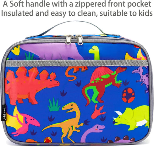 FlowFly Kids Insulated Lunch Box, Soft Bag Mini Cooler Thermal Meal Tote Kit for Girls, Boys, Dinosaur