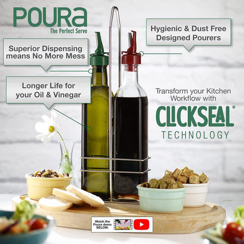 Set 250ml Poura Vinegar and Olive Oil Bottle Drizzler with ClickSeal BPA Free Pour Spouts | Glass Oil & Vinegar
