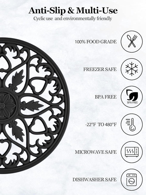 SMARTAKE 3 Set Silicone Trivet Mats, Multi-Use Carved Trivet Mat, Insulated Non-Slip Durable Kitchen Mats, Flexible Modern Kitchen Table Mat, for Hot Dishes, Pots, Dining Countertop, Black by SMARTAKE
