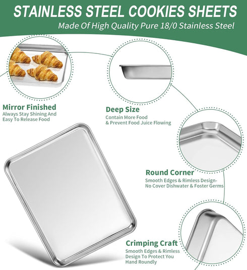 HKJ Chef Baking Sheets Set of 2 - Stainless Steel Cookie Sheets & Toaster Oven Tray Pans, Non Toxic & Easy Clean