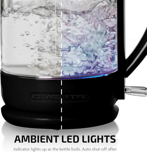 OVENTE Electric Glass Kettle 1.5 Liter, 1500W Instant Hot Water Boiler with ProntoFill Tech, Black KG516B