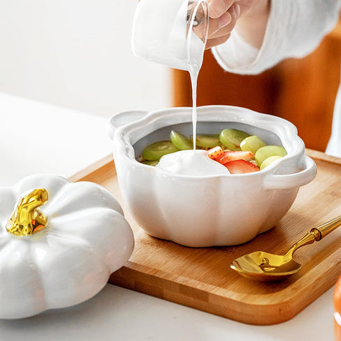 Dutch Oven Pot with Lid, Pumpkin Pottery Dessert Saucepan, Mini Baking Dish Cute Pumpkin Bowl, Covered Dutch Oven Ceramic Stockpot, Pumpkin-Shaped Casserole (White) by JUSTUP